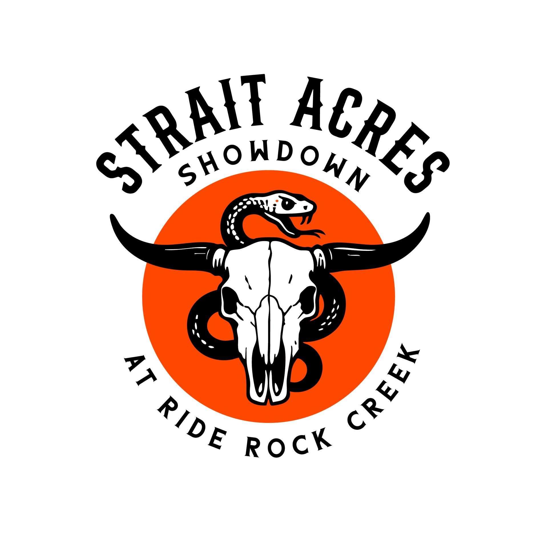 Logo for Strait Acres with text surrounding an orange circle containing a skull and snake.