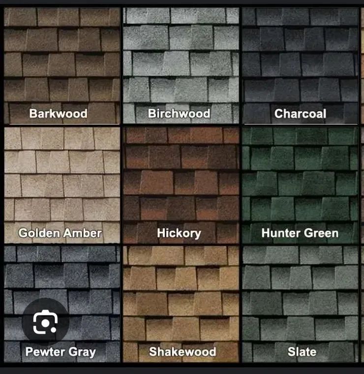 A picture of different types of shingles including barkwood birchwood charcoal golden amber hickory hunter green and pewter gray