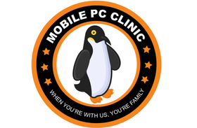 A logo for mobile pc clinic with a penguin on it