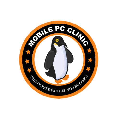 A logo for mobile pc clinic with a penguin in the center