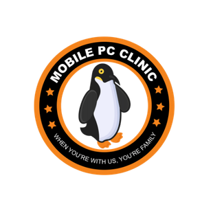 A logo for mobile pc clinic with a penguin in the center