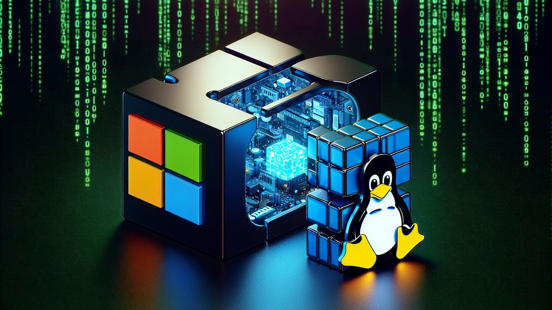 Linux is standing next to a cube with a microsoft logo on it.