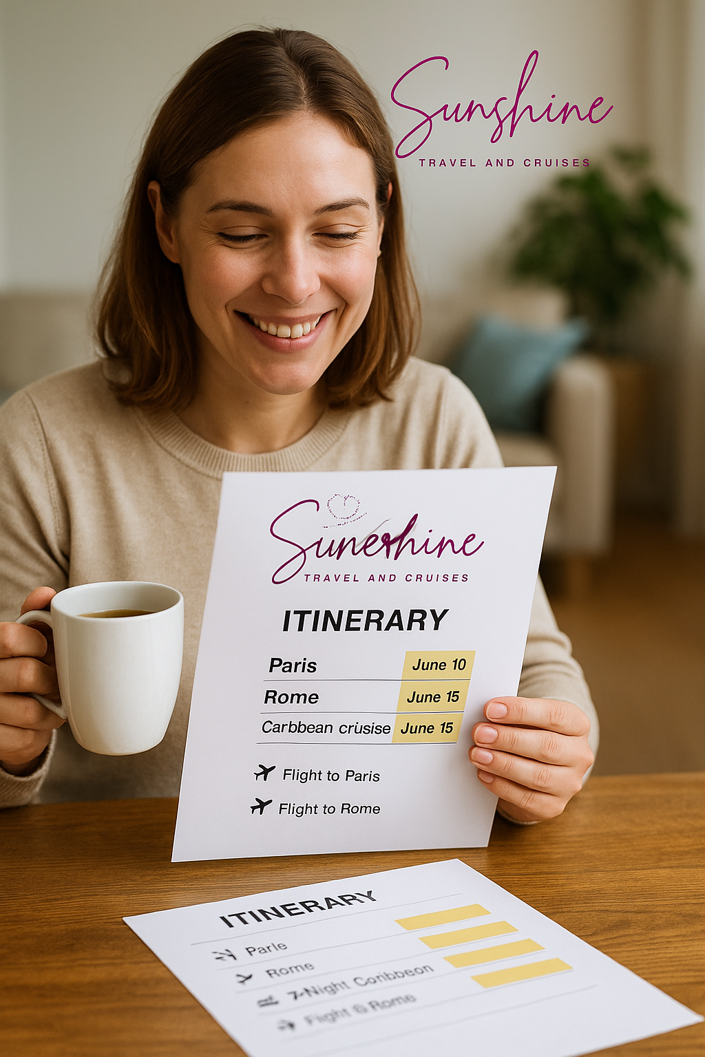Woman smiling, holding itinerary with 