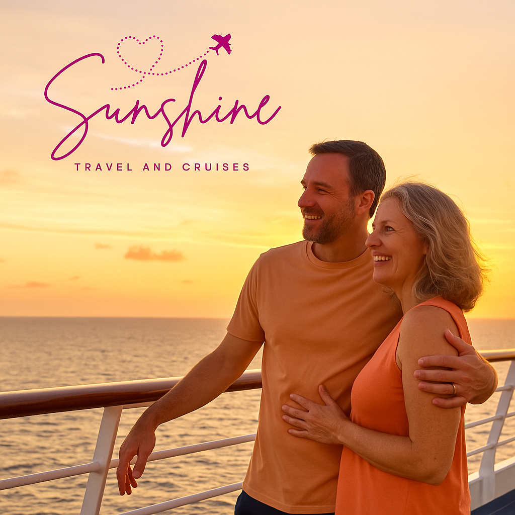 Couple on cruise deck with arm around each other watching sunset over ocean; Sunshine Travel and Cruises logo.