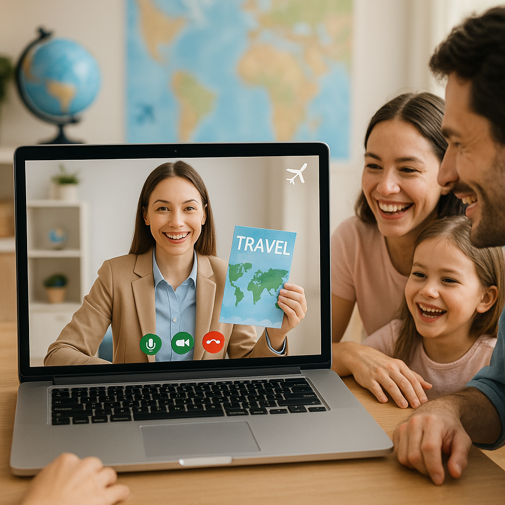 Family on video call with travel agent, smiling and discussing a travel brochure, map background.