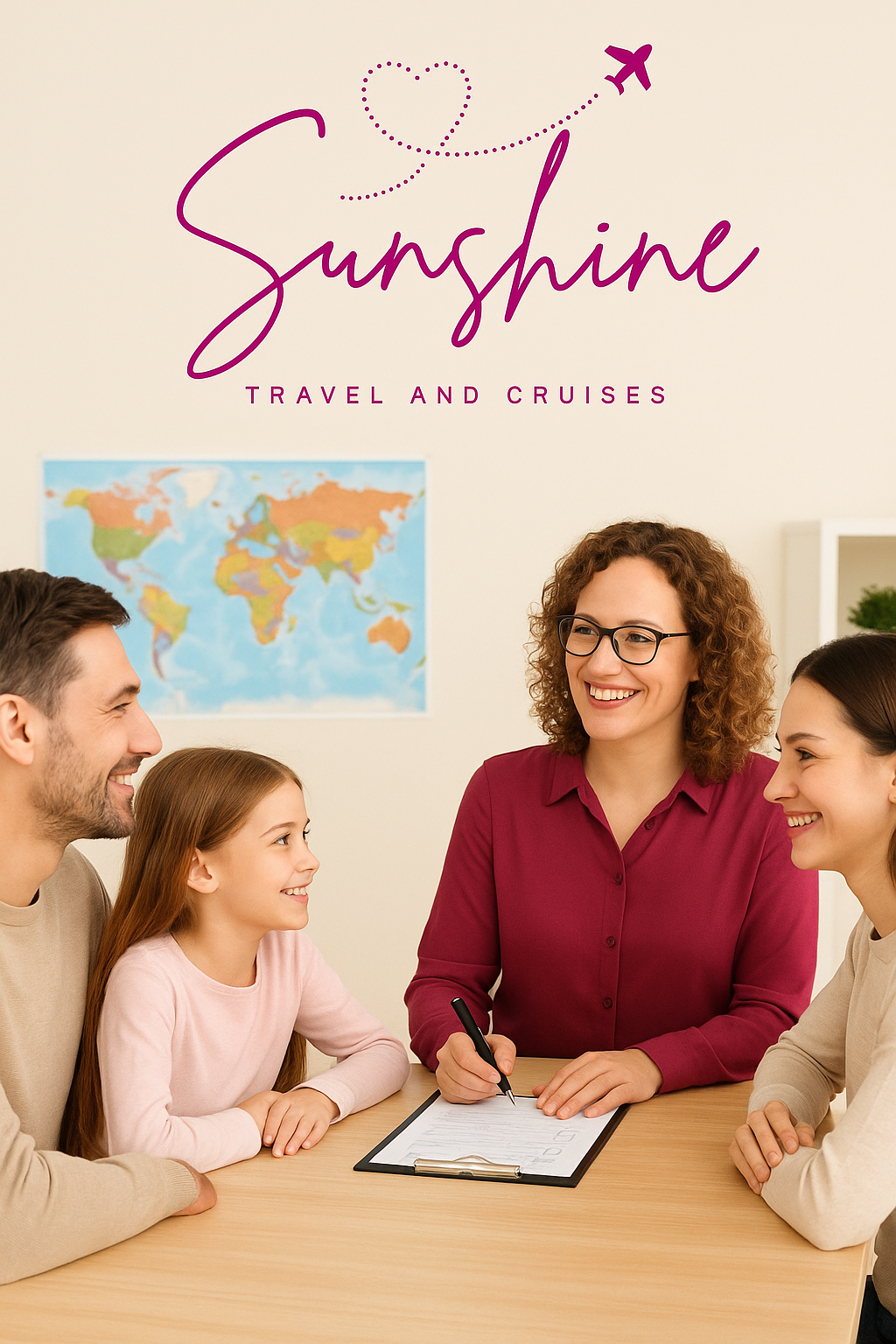 A travel agent assists a family at a desk. Sunshine Travel logo above.