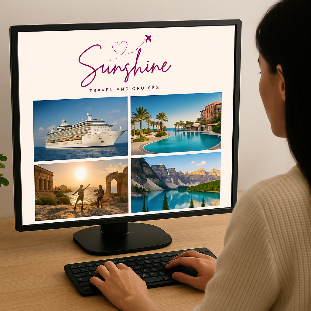 Woman viewing travel website: cruise ship, tropical pool, ruins at sunset, mountain lake.