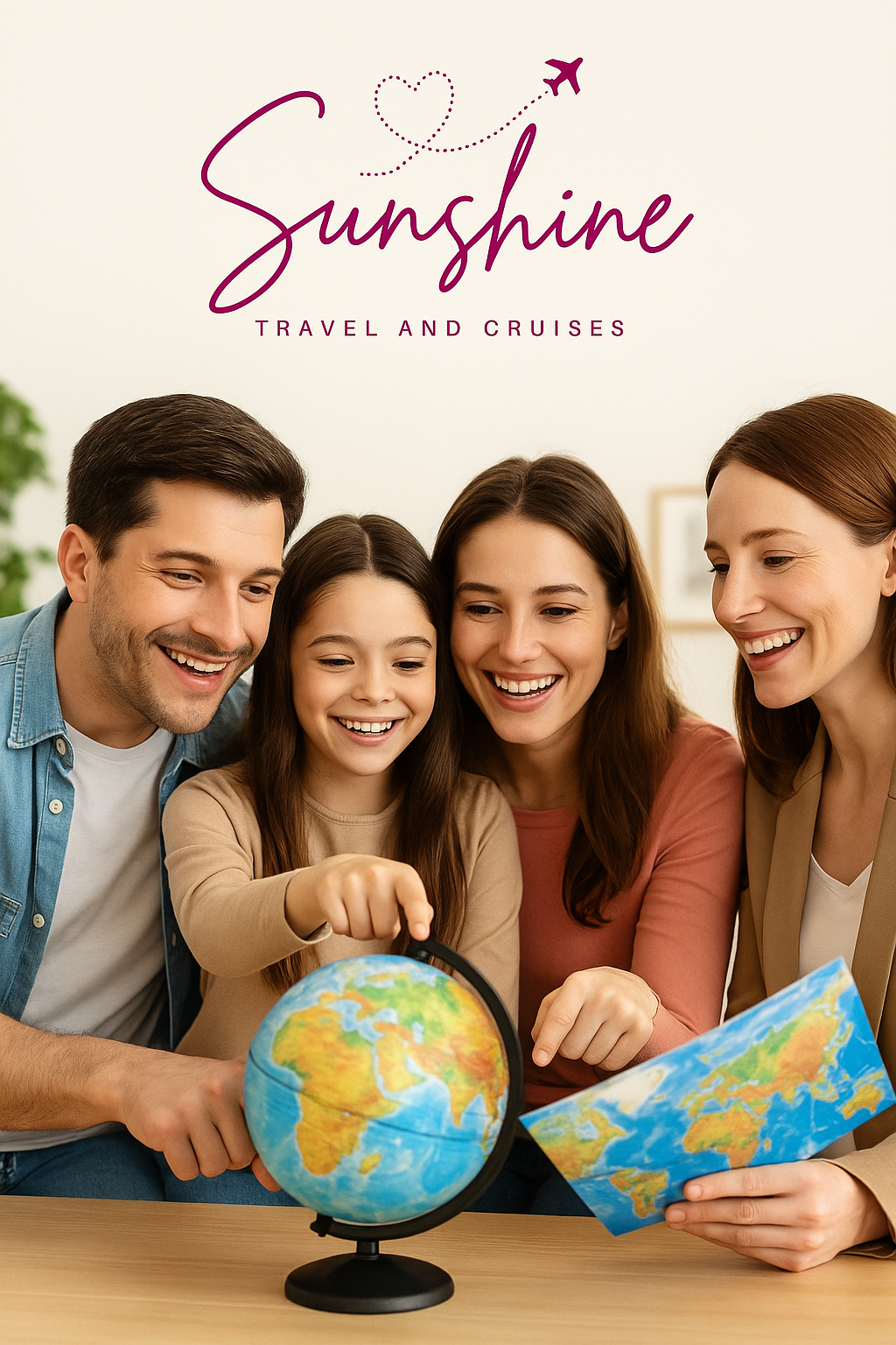 Family with a globe and map planning a trip together, smiling.