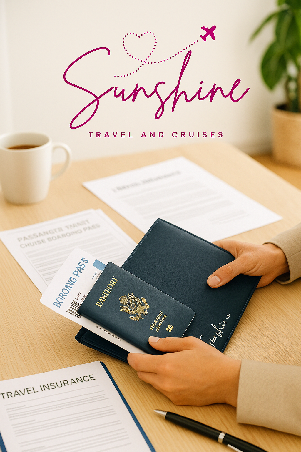 Person holding a passport and boarding passes, with travel documents on a desk. Sunshine Travel and Cruises logo.