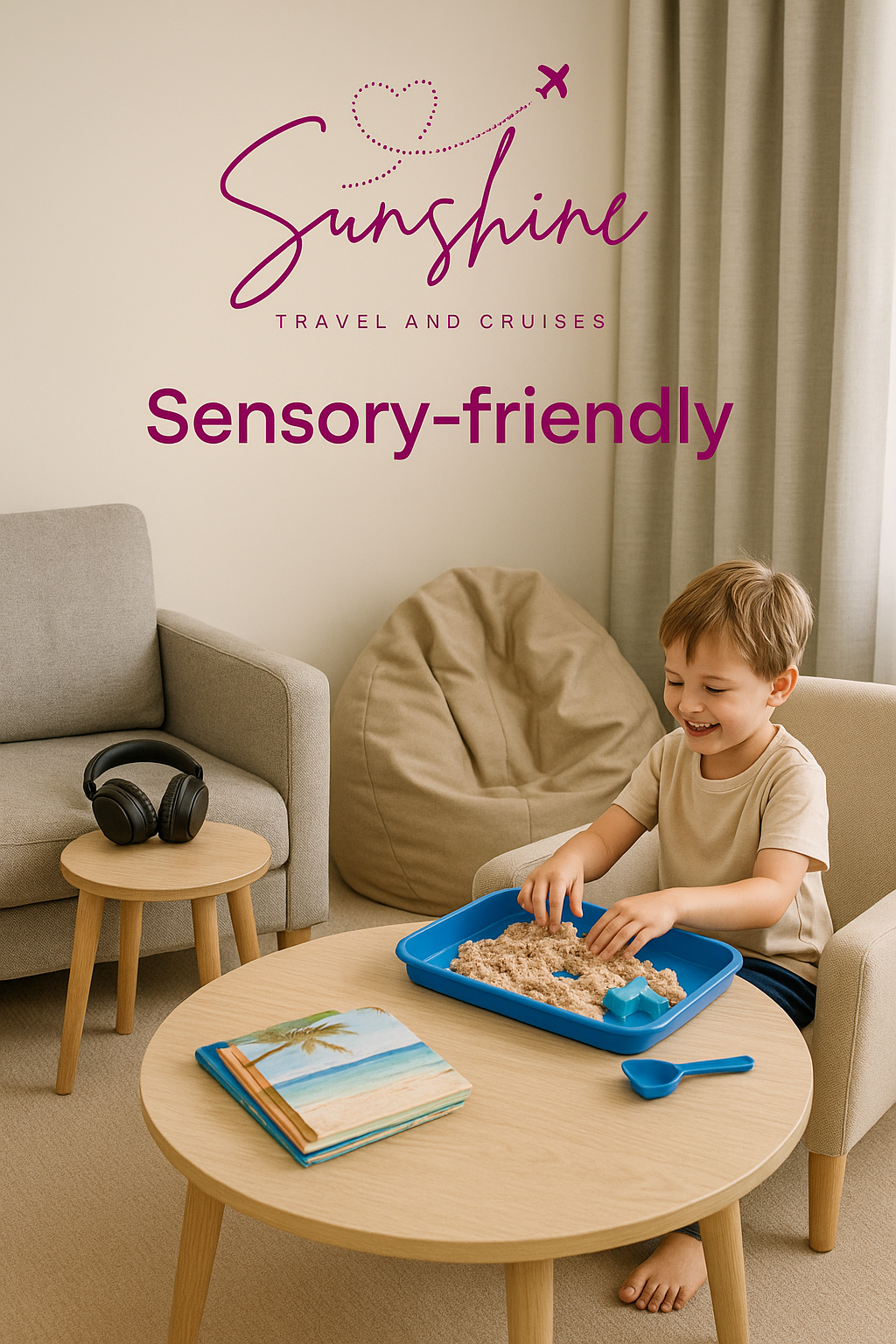 A smiling child plays with sand in a sensory-friendly room with soft furniture.