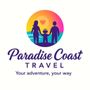 Logo: Family silhouette on beach in front of sunset; "Paradise Coast Travel" with tagline "Your adventure, your way".
