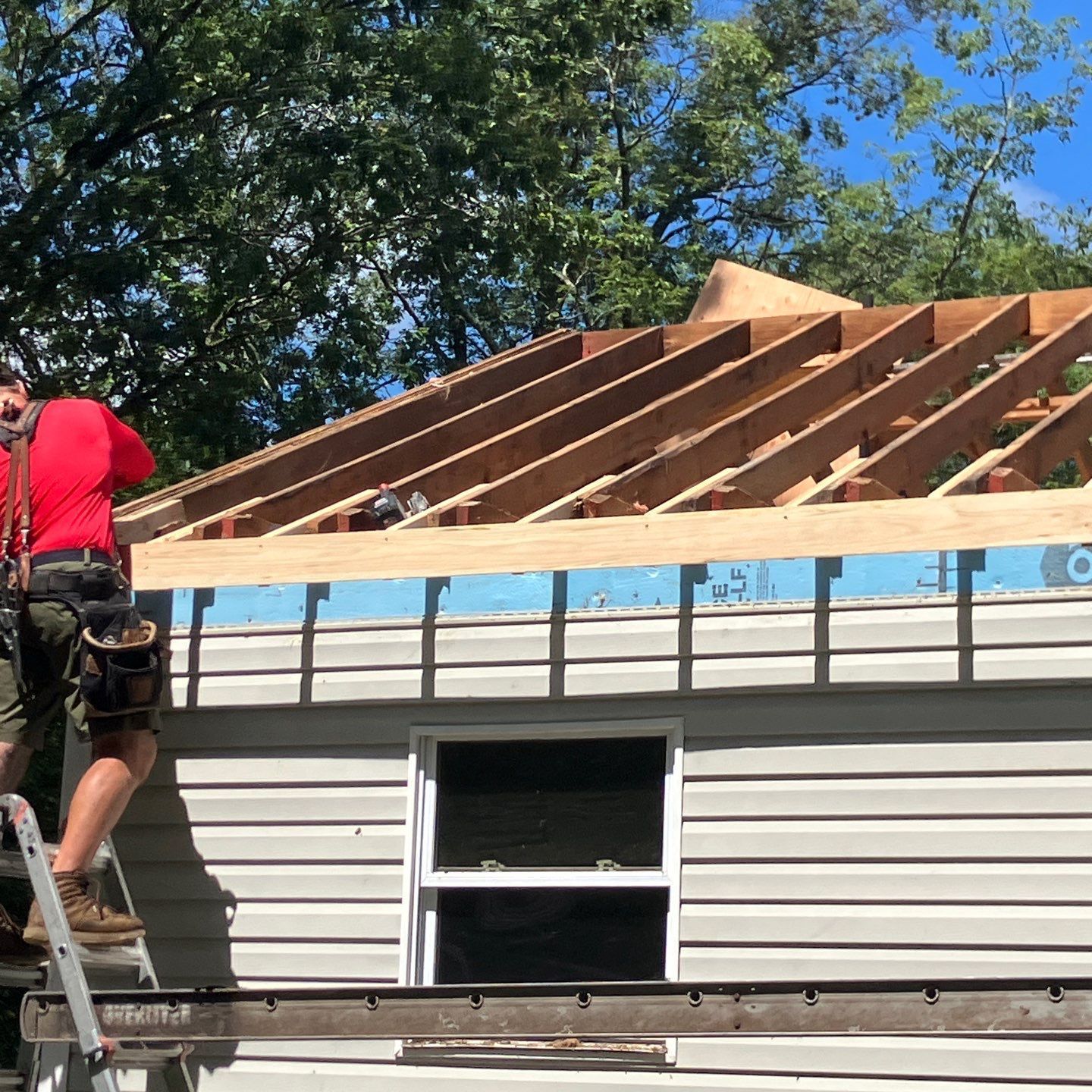 A person is holding a hammer in front of a roof