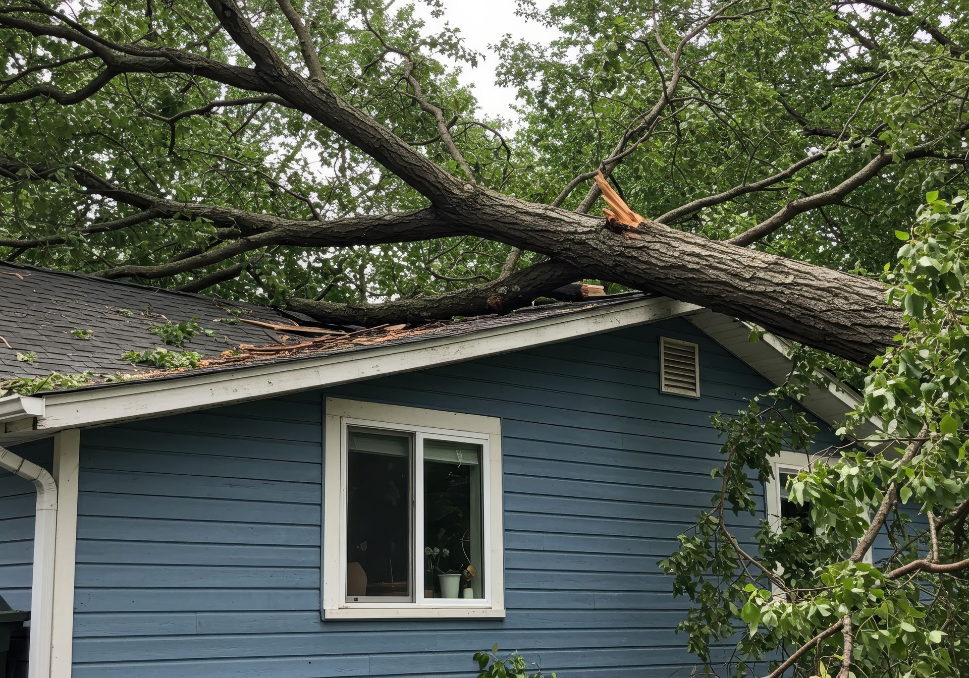 A large tree branch rests on a blue house roof after a storm.