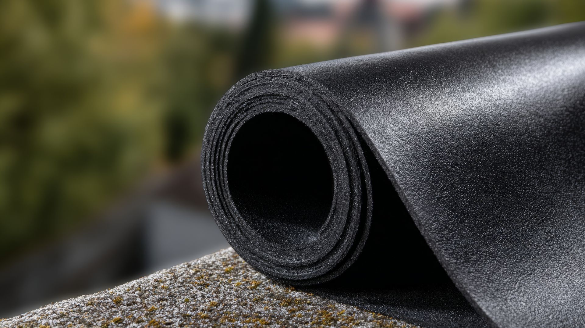 Rolled black roofing membrane on a rough stone surface outdoors