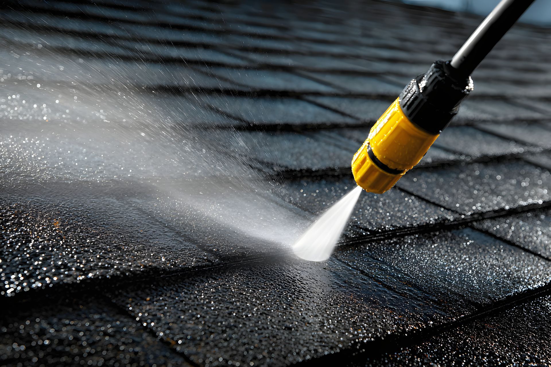 Pressure washer cleaning a dark shingled roof with a spray of water