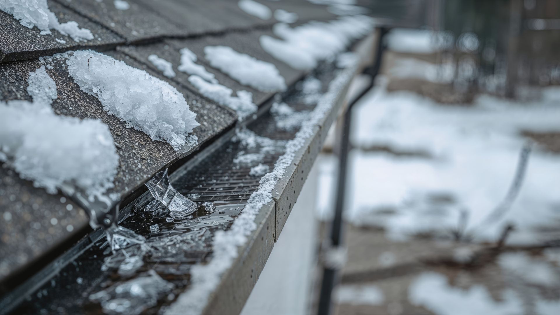 Snow-covered roof and gutter on a house exterior, during winter.