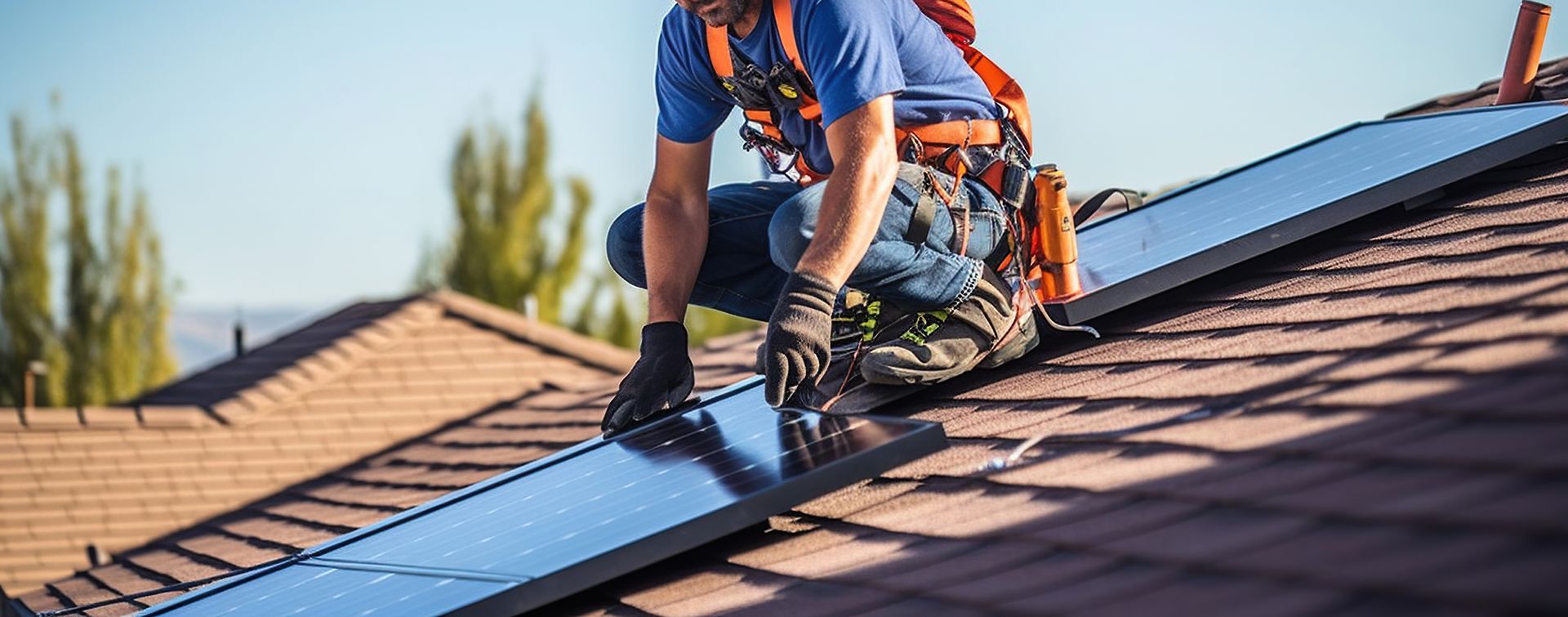 A worker in safety gear installs a solar panel on a brown-shingled residential roof.