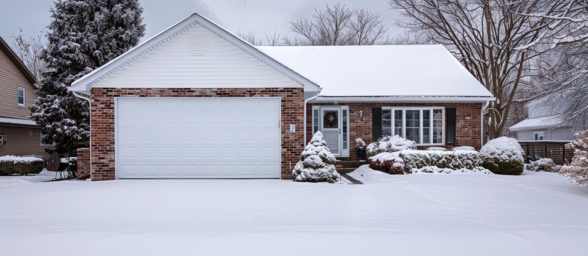 A brick house covered in snow with a closed garage door and a small front yard covered in snow.
