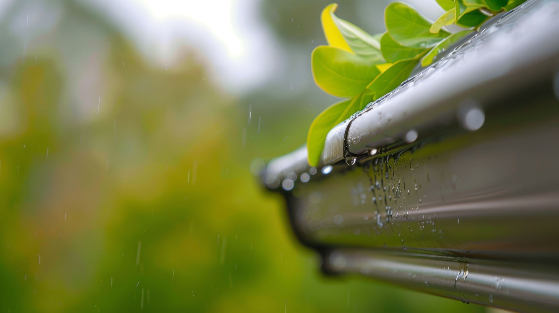 Rain falling from a metallic gutter with green leaves in the upper right. Blurred green background.
