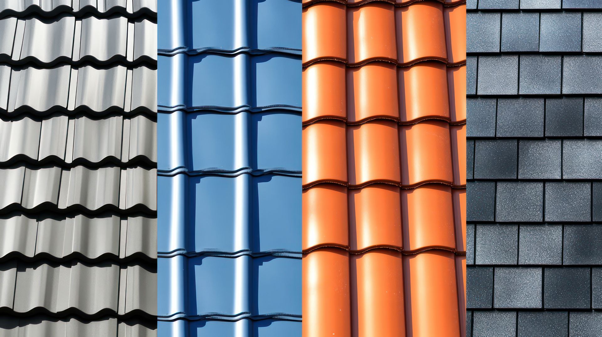Four different roof tile styles: gray, blue, orange, and gray asphalt shingles.
