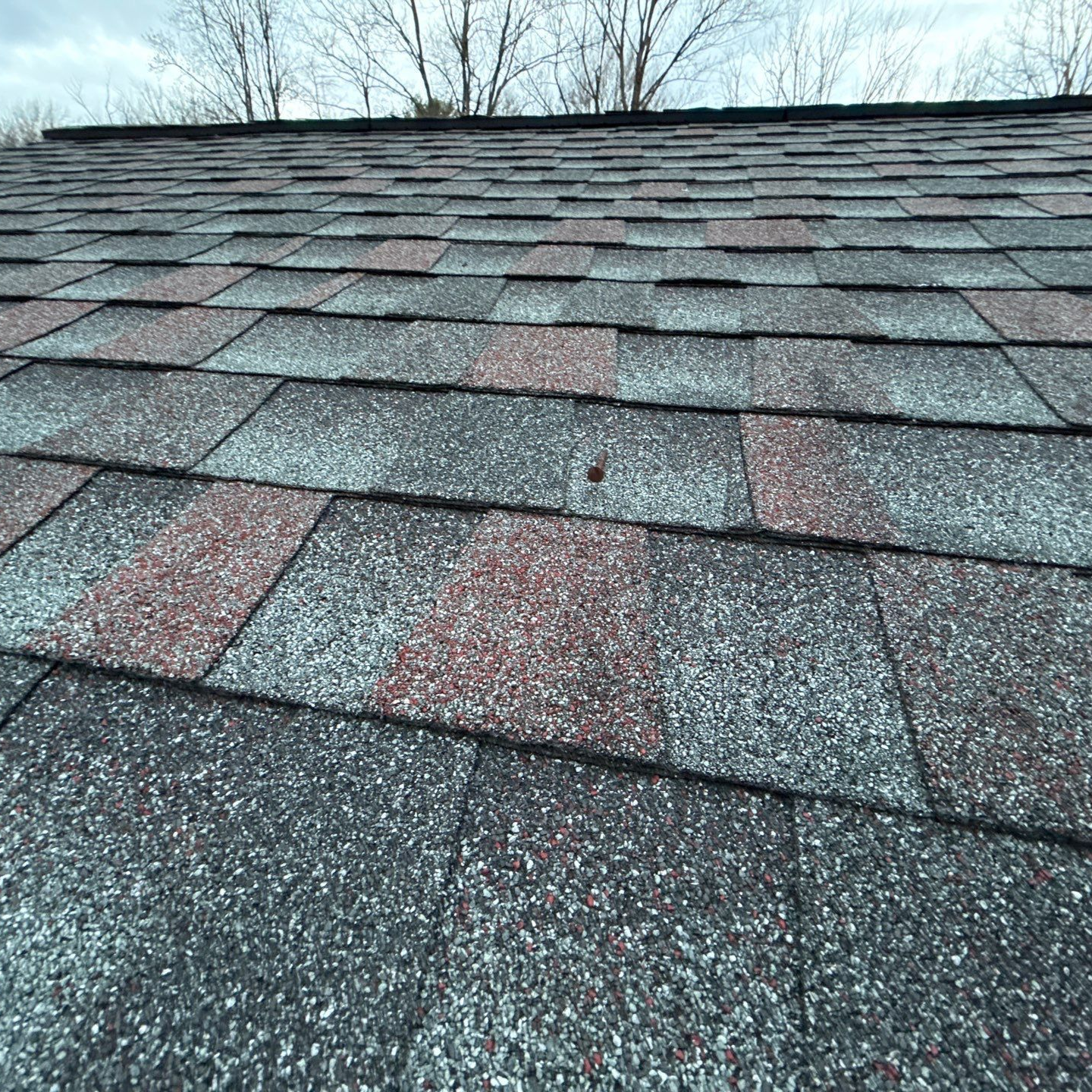 A person is holding a hammer in front of a roof