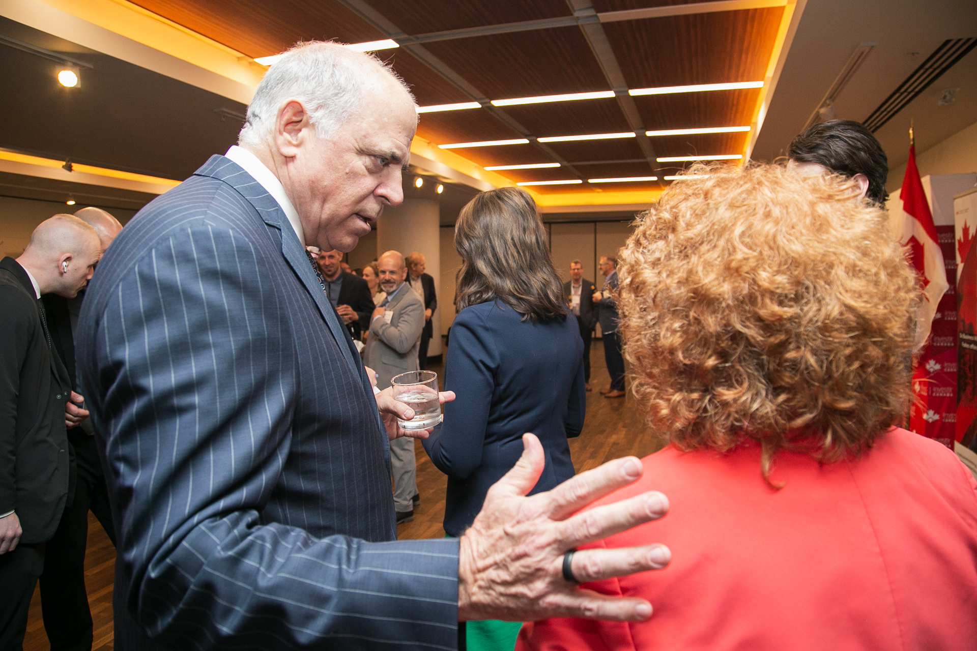 A man in a pinstripe suit gestures while speaking to someone in a red top at a social gathering.