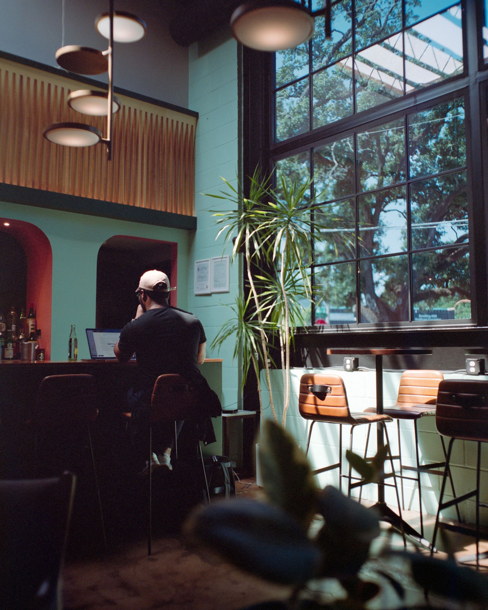 A person sits at a bar inside a dimly lit cafe with teal walls, modern pendant lights, and large, sunlit windows.
