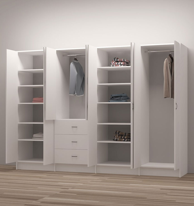 White closet with open doors, displaying shelves, drawers, and hanging clothes against a wall.