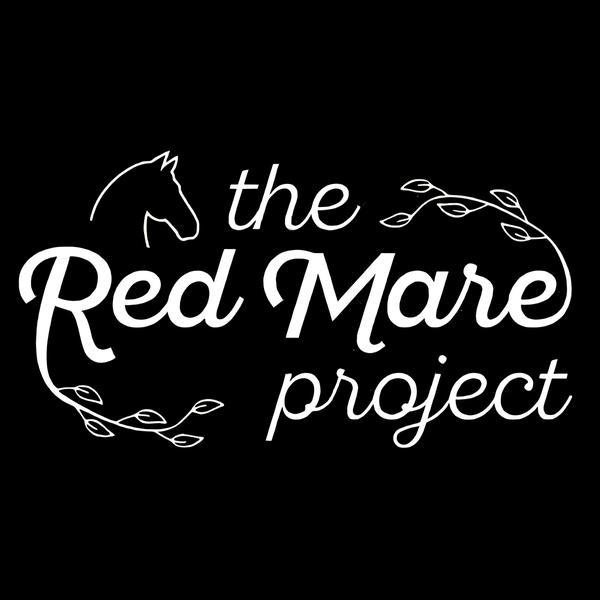 Logo reading “the Red Mare project” in white script with a horse outline and laurel leaves on black background
