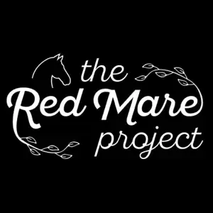 Two horses in a grassy field with text about “The Red Mare Project” and “Girl Gang! Kelly’s red mare”