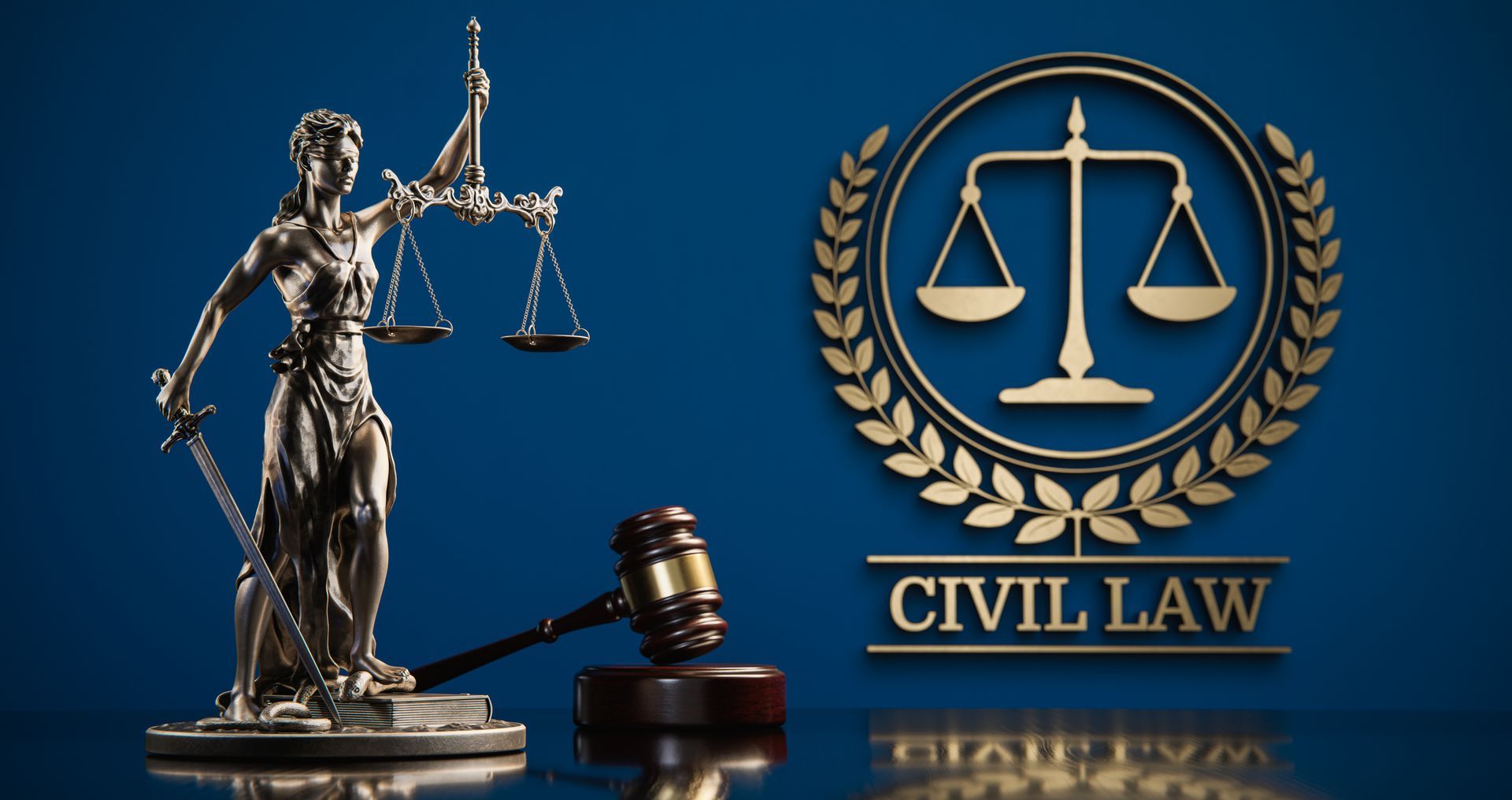Statue of Lady Justice with scales and sword next to a gavel and “CIVIL LAW” logo on a blue background. Statue of Lady Justice with scales and sword next to a gavel and “CIVIL LAW” logo on a blue background.