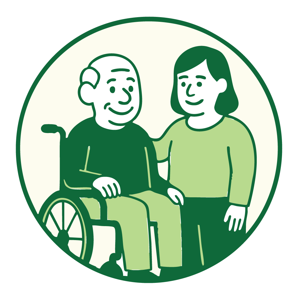 Woman with her arm around a man in a wheelchair.
