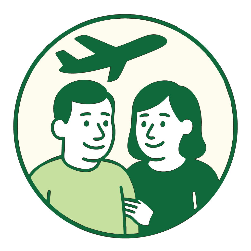 Man and woman standing under a plane icon, suggesting travel insurance.
