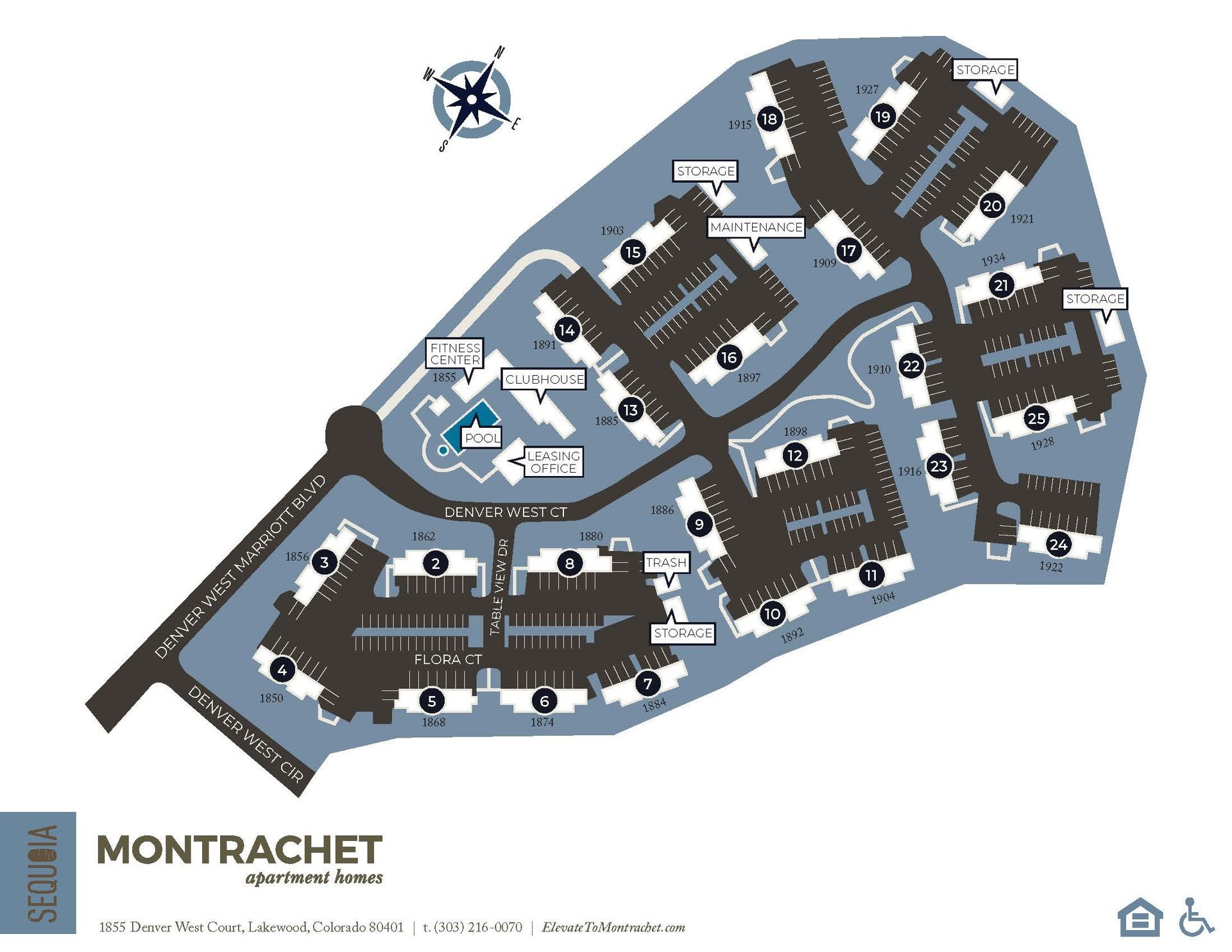 Map of Montrachet apartment complex with building numbers and amenities.