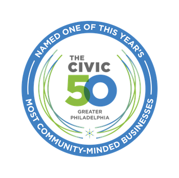 The Civic 50 Greater Philadelphia award badge with blue and green circular text on a white background