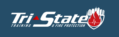 Tri-State Training & Fire Protection logo on a blue background, with a red fire shield icon
