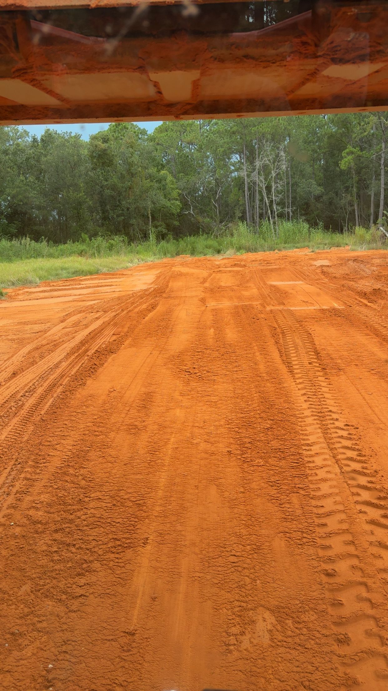 Reddish dirt road under a vehicle roof, bordered by green trees and vegetation.