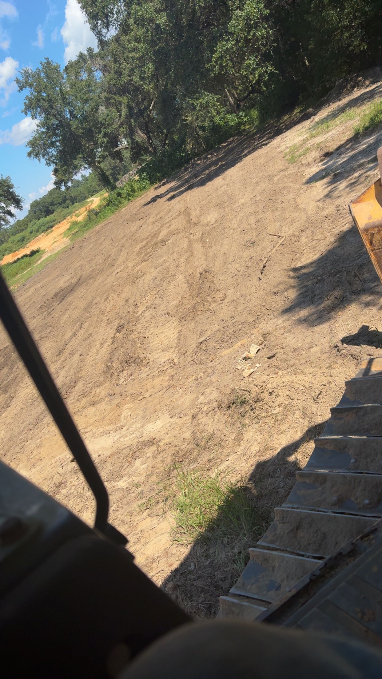 Dirt hillside beside a paved path, with trees along the top edge under a blue sky.
