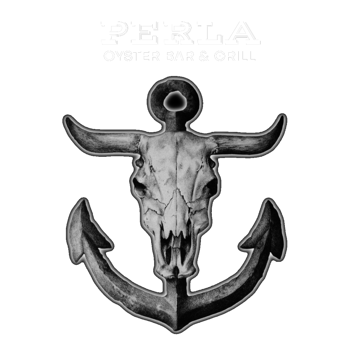 A black and white drawing of an anchor with a bull skull on it.