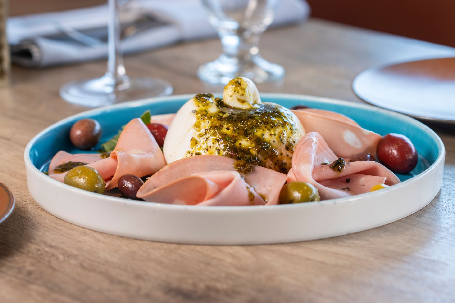 A close up of a plate of food on a table.