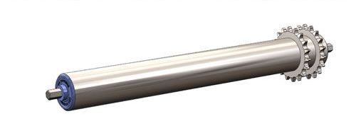 A stainless steel roller with a chain attached to it on a white background.