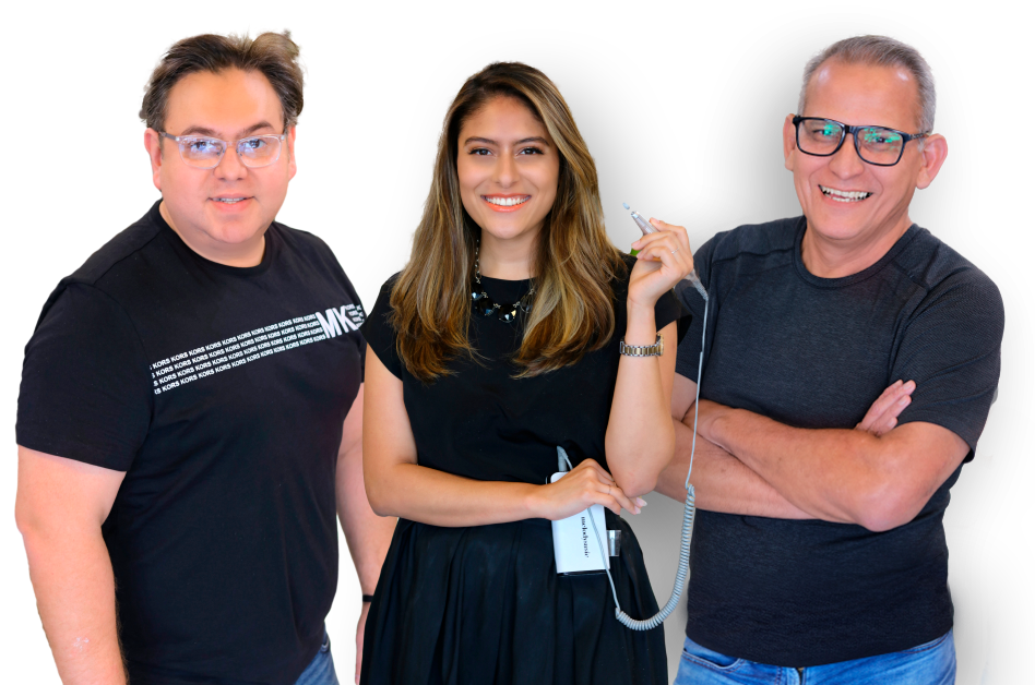 Three people standing next to each other with their arms crossed