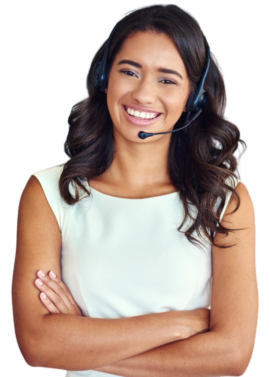 A woman wearing a headset is smiling with her arms crossed.