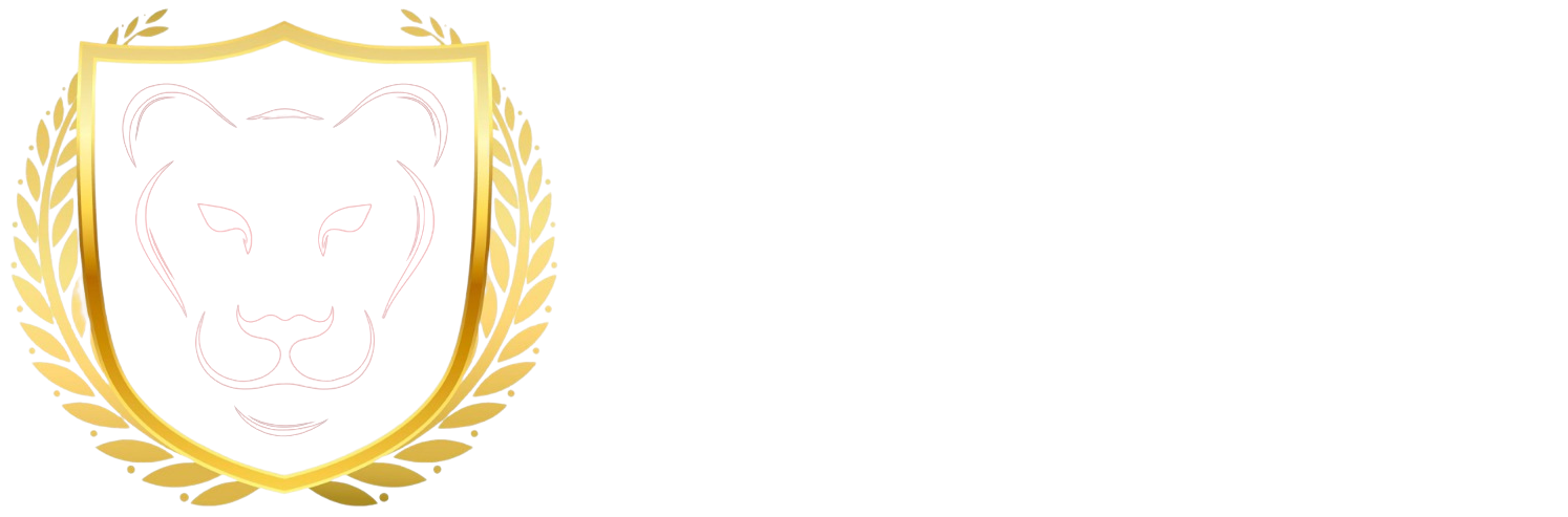 A gold shield with a lion on it and a laurel wreath around it.