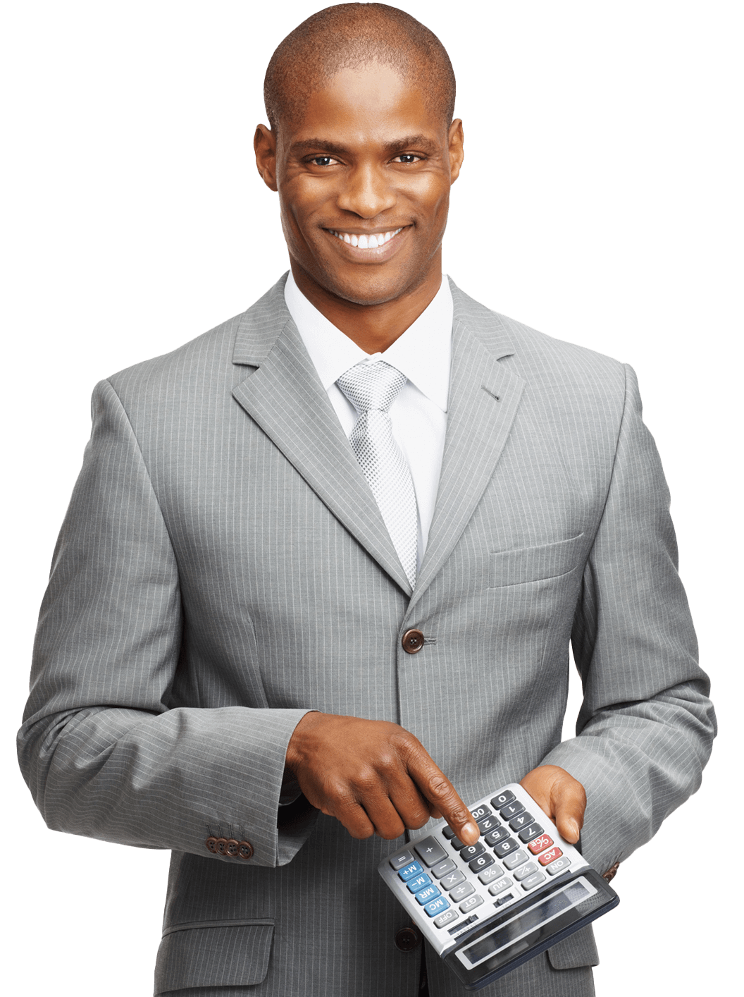 A man in a suit and tie is holding a calculator.