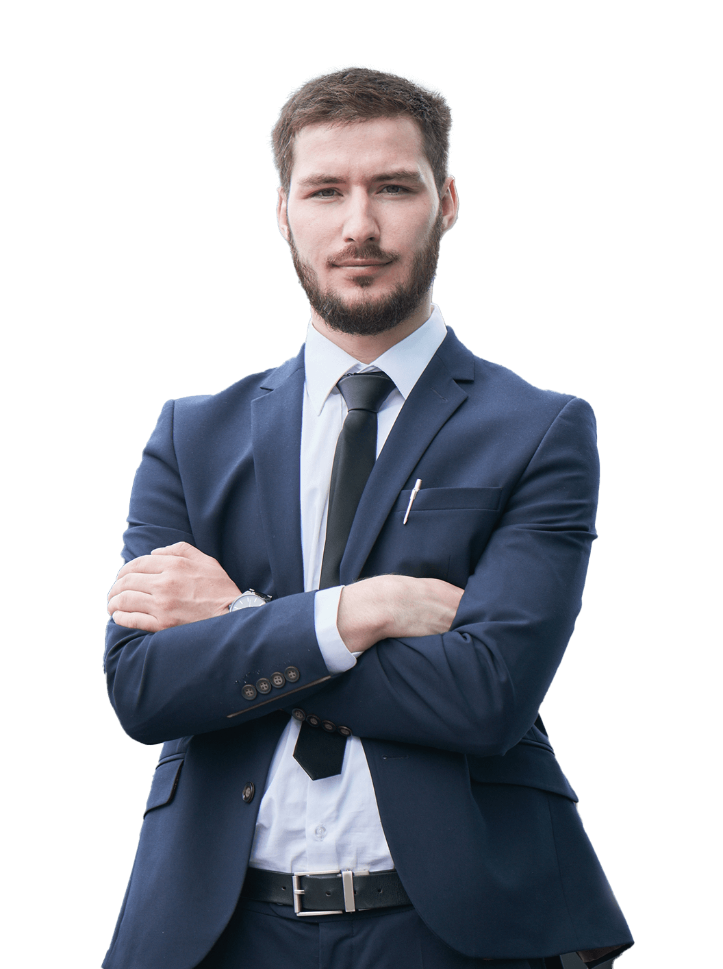 A man in a suit and tie is standing with his arms crossed.