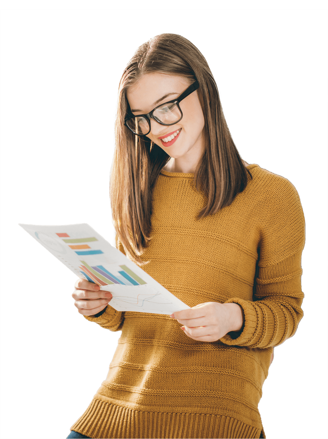 A woman wearing glasses and a yellow sweater is holding a piece of paper.