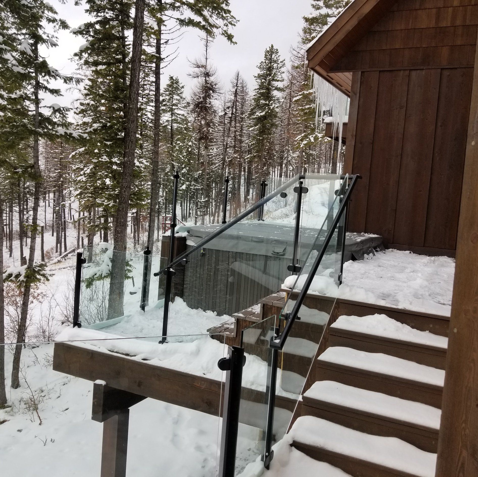 Snowy steps lead to a deck with glass railing, overlooking a forest.