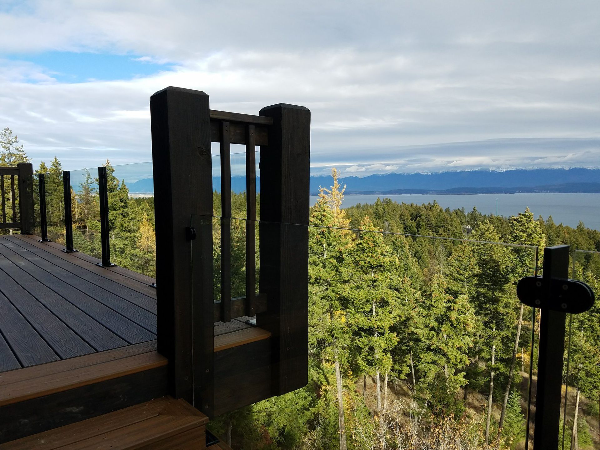 Deck overlooking a forest and water, with black railing and a cloudy sky.
