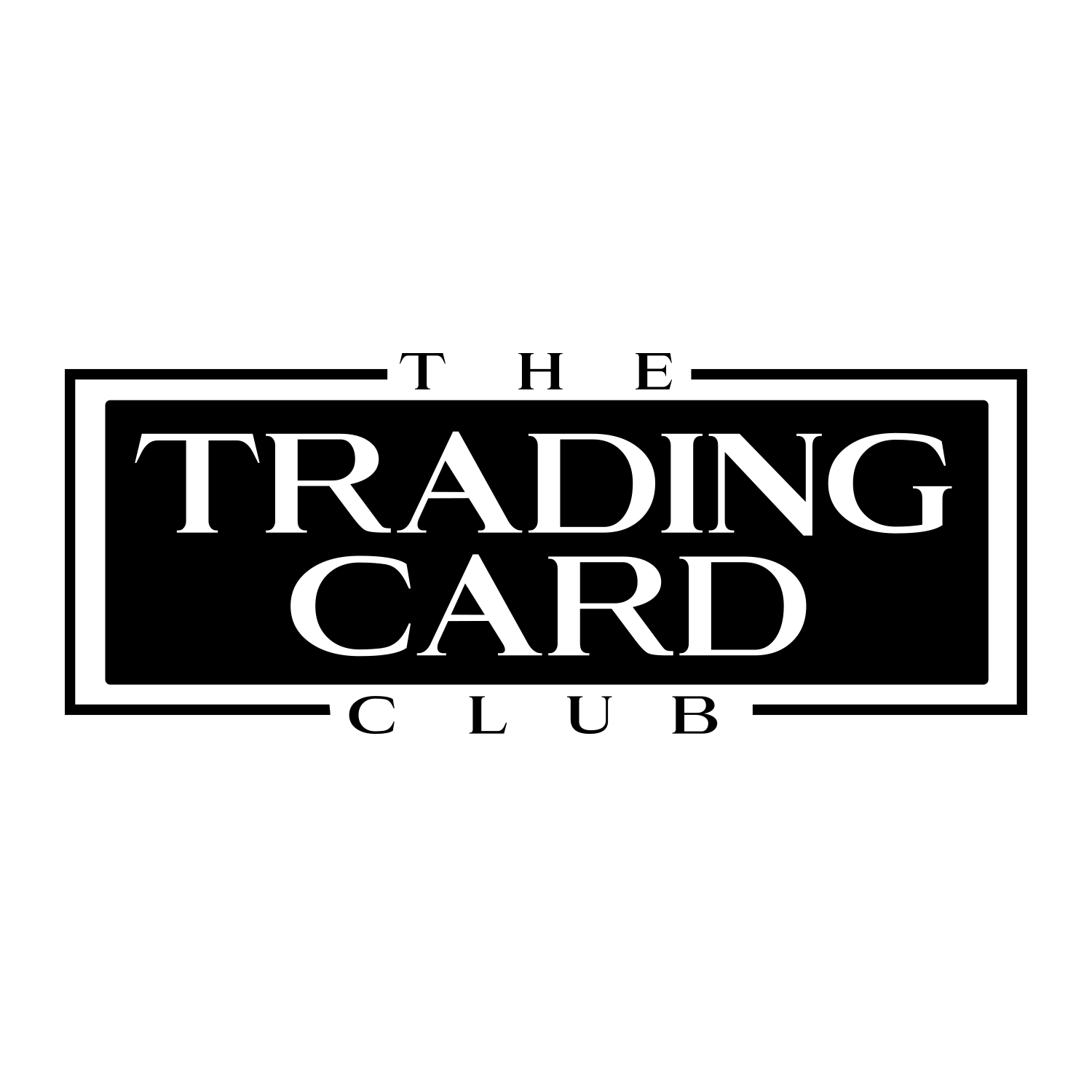 The logo for the trading card club is black and white.